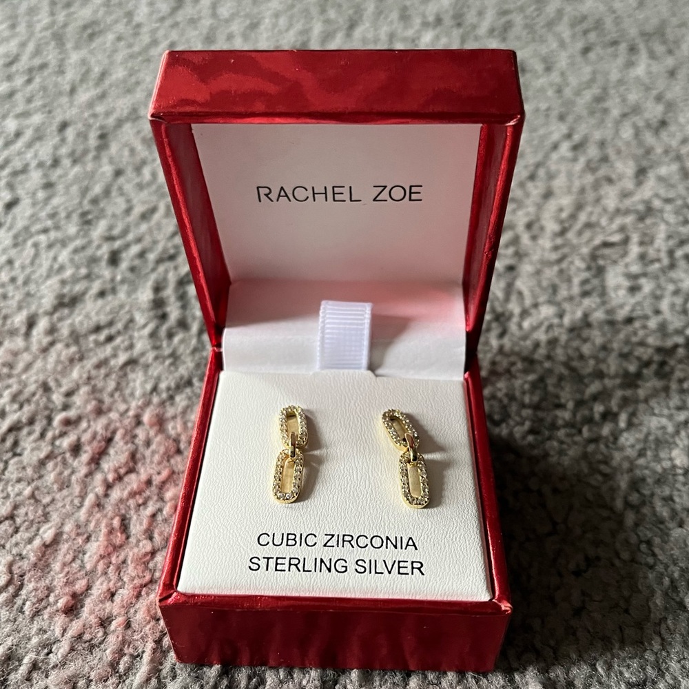 Rachel Zoe 18K Gold/Sterling Silver CZ Paper Clip Chain Drop/Dangle Earrings